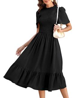 KOJOOIN Damen Kleid Lange Sommerkleid Casual Swing Kleid Kurzärm Maxikleid Rüschen Freizeitkleid Schwaz S von KOJOOIN