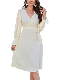 KOJOOIN Damen Kleid Strickkleid Pulloverkleid Elegant A-Line Tunika Kleid V-Ausschnitt Langarm Midikleid mit Gürtel（Verpackung MEHRWEG）,Aprikose,XL von KOJOOIN