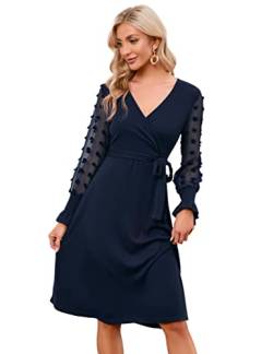 KOJOOIN Damen Kleid Strickkleid Pulloverkleid Elegant A-Line Tunika Kleid V-Ausschnitt Langarm Midikleid mit Gürtel（Verpackung MEHRWEG）,Navy blau,L von KOJOOIN