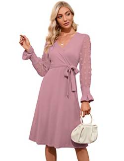 KOJOOIN Damen Kleid Strickkleid Pulloverkleid Elegant A-Line Tunika Kleid V-Ausschnitt Langarm Midikleid mit Gürtel（Verpackung MEHRWEG）,Rosa,M von KOJOOIN