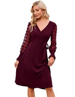 KOJOOIN Damen Kleid Strickkleid Pulloverkleid Elegant A-Line Tunika Kleid V-Ausschnitt Langarm Midikleid mit Gürtel（Verpackung MEHRWEG）,Weinrot,S von KOJOOIN