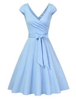 KOJOOIN Damen Kleid Vintage Abendkleider 50er V-Ausschnitt Rockabilly Retro Kleider Hepburn Stil Cocktailkleid Kurzarm Himmelblau L von KOJOOIN