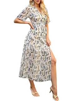 KOJOOIN Damen Lange Kleid Kurzarm Sommer Maxikleid V-Ausschnitt Tunika Blumenkleid mit Gürtel Weiß L von KOJOOIN
