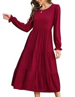 KOJOOIN Damen Lange Kleid Langarm Maxikleid Elegant Rüschen Freizeitkleider Einfarbig Rundhalsausschnitt Boho Herbst Kleider Rotwein L von KOJOOIN
