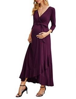 KOJOOIN Damen Lange Umstandskleider V-Ausschnitt 3/4 Ärmel Stillkleid Schwangerschafts Rüschen Abendkleid mit Gürtel Burgundy(3/4 Ärmel) L von KOJOOIN