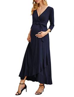 KOJOOIN Damen Lange Umstandskleider V-Ausschnitt 3/4 Ärmel Stillkleid Schwangerschafts Rüschen Abendkleid mit Gürtel DunKelblau(3/4 Ärmel) XL von KOJOOIN