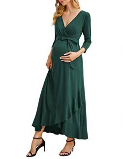 KOJOOIN Damen Lange Umstandskleider V-Ausschnitt 3/4 Ärmel Stillkleid Schwangerschafts Rüschen Abendkleid mit Gürtel Dunkelgrün(3/4 Ärmel) S von KOJOOIN