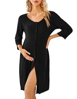 KOJOOIN Damen Nachthemd Geburt Stillnachthemd 3/4 Ärmel Nachtwäsche Baumwolle Umstandsnachthemd mit Durchgehender Knopfleiste Nachtkleid Schwarz（3/4 Ärmel） XL von KOJOOIN