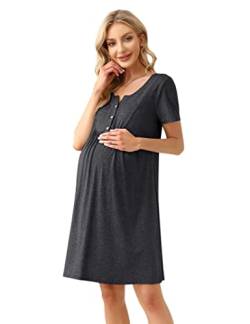 KOJOOIN Damen Nachthemd Geburt Stillnachthemd Baumwolle Nachtwäsche Umstandsnachthemd mit Knopfleiste Nachtkleid Dunkelgrau(Kurzarm) XL von KOJOOIN