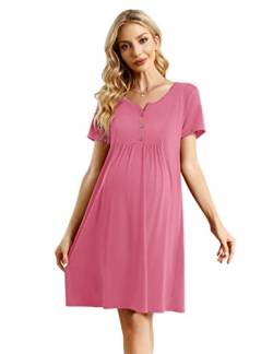 KOJOOIN Damen Nachthemd Geburt Stillnachthemd Baumwolle Nachtwäsche Umstandsnachthemd mit Knopfleiste Nachtkleid Rosa(Kurzarm) XXL von KOJOOIN