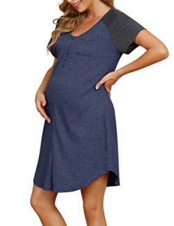 KOJOOIN Damen Nachthemd mit Knopfleiste, Sitllnachthemd Baumwolle Umstandskleid V Ausschnitt Schlafanzug für Schwangere Dunkelblau(Kurzarm) XL von KOJOOIN