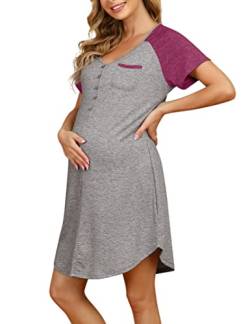 KOJOOIN Damen Nachthemd mit Knopfleiste, Sitllnachthemd Baumwolle Umstandskleid V Ausschnitt Schlafanzug für Schwangere Hellgrau B(Kurzarm) M von KOJOOIN