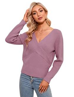 KOJOOIN Damen Pullover Elegant V-Ausschnitt Strickpullover Casual Langarm Cross Sweater Oberteile Rosa,M von KOJOOIN