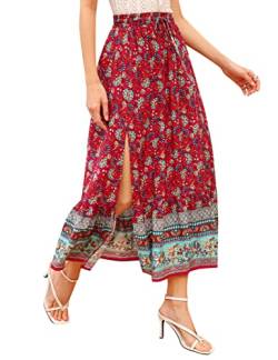 KOJOOIN Damen Rock Boho Sommerrock Casual Midirock Hohe Taille A Line Strandrock Rot S von KOJOOIN