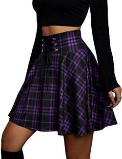 KOJOOIN Damen Rock Kariert Mini-Faltenrock Gothic Kleid Hohe Taille Cosplay Kleid A-Linie zum Schnüren Grape M von KOJOOIN