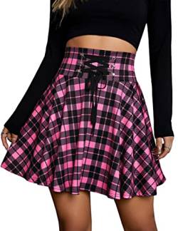 KOJOOIN Damen Rock Kariert Mini-Faltenrock Gothic Kleid Hohe Taille Cosplay Kleid A-Linie zum Schnüren Rosa XL von KOJOOIN