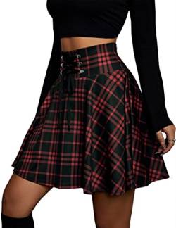 KOJOOIN Damen Rock Kariert Mini-Faltenrock Gothic Kleid Hohe Taille Cosplay Kleid A-Linie zum Schnüren Rot L von KOJOOIN