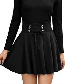 KOJOOIN Damen Rock Kariert Mini-Faltenrock Gothic Kleid Hohe Taille Cosplay Kleid A-Linie zum Schnüren Schwarz 2 S von KOJOOIN