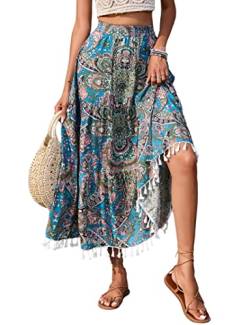 KOJOOIN Damen Rock lang Maxirock Boho Elastische Taille Blumen Sommerrock Rüschen A-Linien Strandrock elegant Faltenrock mit Quaste (Verpackung MEHRWEG), A-Blau, M von KOJOOIN