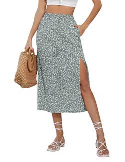 KOJOOIN Damen Rock mit Schlitz A-Linie Blümchen Midirock Boho Split Blumenrock Geblümt Strandrock Floral Freizeitrock Hohe Taille Print Röcke (Verpackung MEHRWEG), A-Blumen-Grün, XXL von KOJOOIN