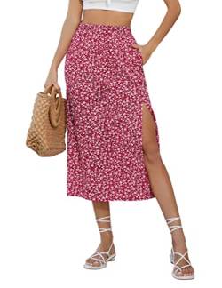 KOJOOIN Damen Rock mit Schlitz A-Linie Blümchen Midirock Boho Split Blumenrock Geblümt Strandrock Floral Freizeitrock Hohe Taille Print Röcke (Verpackung MEHRWEG), A-Blumen-Rot, XXL von KOJOOIN