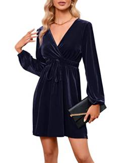 KOJOOIN Damen Samtkleid Causal Velvet Retro Kleid Elegant Abendkleid Sexy V Ausschnitt Partykleid Cocktailkleid Winterkleid Dunkelblau XXL von KOJOOIN