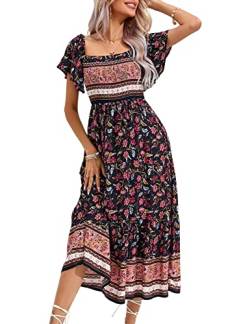 KOJOOIN Damen Sommerkleid Boho Kurzarm Maxikleider Gesmoktes Strandkleid lang Blumenkleid Rüschen Volant Kleid Freizeitkleid (Verpackung MEHRWEG), A-Dunkelblau, M von KOJOOIN