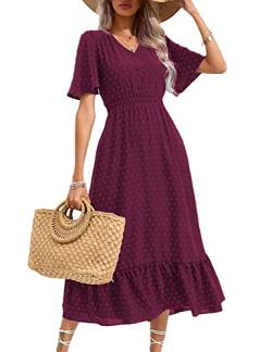 KOJOOIN Damen Sommerkleid Boho Kurzarm Maxikleider Swiss Dot Gesmoktes Strandkleid lang Rüschen Volant Kleid V-Ausschnitt Freizeitkleid mit Knöpfen Partykleid (Verpackung MEHRWEG), A-Weinrot, S von KOJOOIN