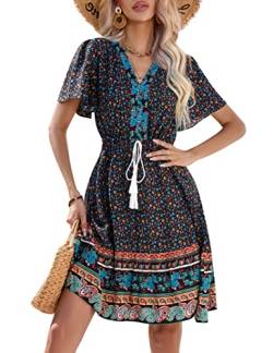 KOJOOIN Damen Sommerkleid Boho Tunika Kleid Kurzarm Minikleider V-Ausschnitt Strandkleid kurz Blumenkleid Rüschen Volant Kleid Freizeitkleid mit Kordelzug (Verpackung MEHRWEG), A-Schwarz, M von KOJOOIN