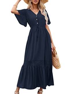 KOJOOIN Damen Sommerkleid Spitze Kurzarm Maxikleider Boho Strandkleid lang Rüschen Volant Kleid V-Ausschnitt Freizeitkleid mit Knöpfen Partykleid (Verpackung MEHRWEG), A-Dunkelblau, M von KOJOOIN