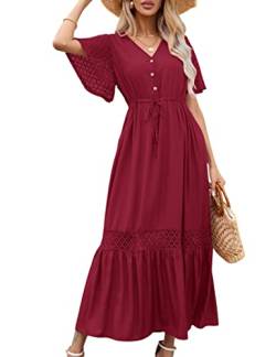 KOJOOIN Damen Sommerkleid Spitze Kurzarm Maxikleider Boho Strandkleid lang Rüschen Volant Kleid V-Ausschnitt Freizeitkleid mit Knöpfen Partykleid (Verpackung MEHRWEG), A-Weinrot, M von KOJOOIN