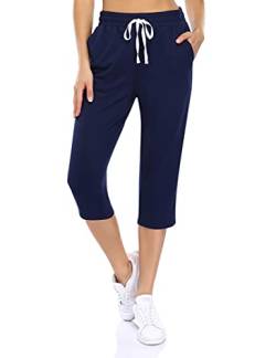 KOJOOIN Damen Sporthosen 3/4 Jogginghose Baumwolle Freizeithose Loose Fit Trainingshose mit Taschen und Kordelzug, für Jogging Laufen Fitness Hohe Taile Sweathose A-Dunkelblau L von KOJOOIN