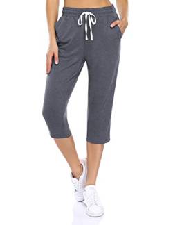 KOJOOIN Damen Sporthosen 3/4 Jogginghose Baumwolle Freizeithose Loose Fit Trainingshose mit Taschen und Kordelzug, für Jogging Laufen Fitness Hohe Taile Sweathose A-Dunkelgrau L von KOJOOIN