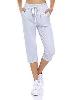 KOJOOIN Damen Sporthosen 3/4 Jogginghose Baumwolle Freizeithose Loose Fit Trainingshose mit Taschen und Kordelzug, für Jogging Laufen Fitness Hohe Taile Sweathose A-Grau L von KOJOOIN