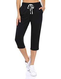 KOJOOIN Damen Sporthosen 3/4 Jogginghose Baumwolle Freizeithose Loose Fit Trainingshose mit Taschen und Kordelzug, für Jogging Laufen Fitness Hohe Taile Sweathose A-Schwarz M von KOJOOIN