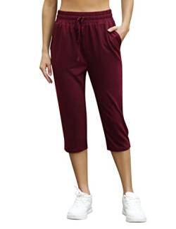 KOJOOIN Damen Sporthosen 3/4 Jogginghose Baumwolle Freizeithose Loose Fit Trainingshose mit Taschen und Kordelzug, für Jogging Laufen Fitness Hohe Taile Sweathose A-Weinrot L von KOJOOIN