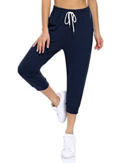 KOJOOIN Damen Sporthosen 3/4 Jogginghose Loose Fit Trainingshose mit Taschen und Kordelzug, Freizeithosen Hohe Taile Sweathose aus Baumwolle B-Dunkelblau XXL von KOJOOIN