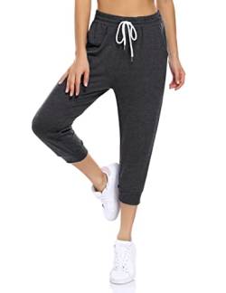 KOJOOIN Damen Sporthosen 3/4 Jogginghose Loose Fit Trainingshose mit Taschen und Kordelzug, Freizeithosen Hohe Taile Sweathose aus Baumwolle B-Dunkelgrau L von KOJOOIN