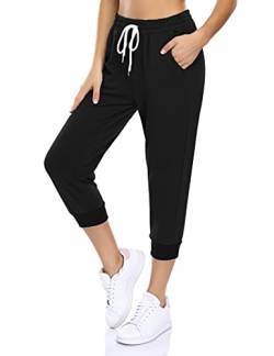 KOJOOIN Damen Sporthosen 3/4 Jogginghose Loose Fit Trainingshose mit Taschen und Kordelzug, Freizeithosen Hohe Taile Sweathose aus Baumwolle B-Schwarz XXL von KOJOOIN