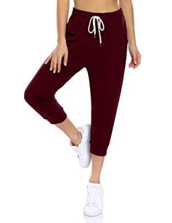 KOJOOIN Damen Sporthosen 3/4 Jogginghose Loose Fit Trainingshose mit Taschen und Kordelzug, Freizeithosen Hohe Taile Sweathose aus Baumwolle B-Weinrot L von KOJOOIN