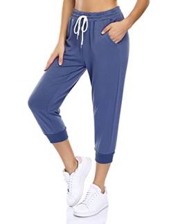 KOJOOIN Damen Sporthosen 3/4 Jogginghose Loose Fit Trainingshose mit Taschen und Kordelzug, Freizeithosen Hohe Taile Sweathose aus Baumwolle Blau M von KOJOOIN