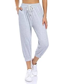 KOJOOIN Damen Sporthosen 3/4 Jogginghose Loose Fit Trainingshose mit Taschen und Kordelzug, Freizeithosen Hohe Taile Sweathose aus Baumwolle Grau S von KOJOOIN