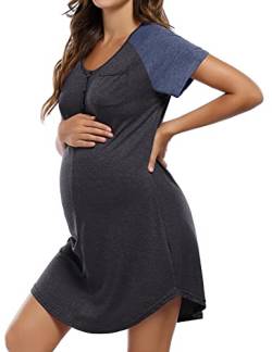 KOJOOIN Damen Stillnachthemd mit Knopfleiste, Umstandskleid Baumwolle V Ausschnitt Umstandsnachthemd Schlafanzug für Schwangere oder Stillende Frauen Blau L von KOJOOIN