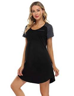 KOJOOIN Damen Stillnachthemd mit Knopfleiste, Umstandskleid Baumwolle V Ausschnitt Umstandsnachthemd Schlafanzug für Schwangere oder Stillende Frauen Schwarz S von KOJOOIN