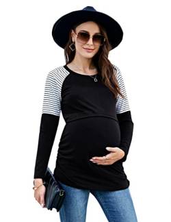 KOJOOIN Damen Stillshirt Langarm Schwangerschaftsshirt Rundhals Umstandsshirt Schwangere Nursing Tops gestreiftes Umstandsmode Schwarz XXL von KOJOOIN