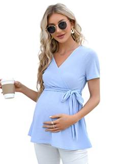 KOJOOIN Damen Stillshirt Schwangerschaftsshirt V-Ausschnitt Umstandsshirt Kurzarm Nursing Tops mit Gürtel Himmelblau(Kurzarm) M von KOJOOIN