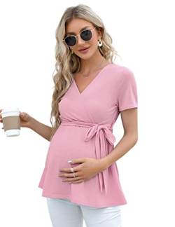 KOJOOIN Damen Stillshirt Schwangerschaftsshirt V-Ausschnitt Umstandsshirt Kurzarm Nursing Tops mit Gürtel Rosa(Kurzarm) XL von KOJOOIN
