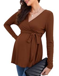 KOJOOIN Damen Stillshirt Schwangerschaftsshirt V-Ausschnitt Umstandsshirt Langarm Nursing Tops mit Gürtel Umstandsmode Braun(Langarm) M von KOJOOIN