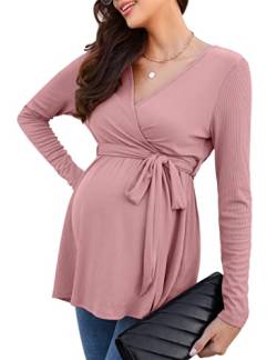 KOJOOIN Damen Stillshirt Schwangerschaftsshirt V-Ausschnitt Umstandsshirt Langarm Nursing Tops mit Gürtel Umstandsmode Rosa(Langarm) XXL von KOJOOIN