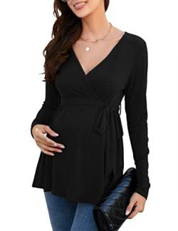 KOJOOIN Damen Stillshirt Schwangerschaftsshirt V-Ausschnitt Umstandsshirt Langarm Nursing Tops mit Gürtel Umstandsmode Schwarz(Langarm) S von KOJOOIN